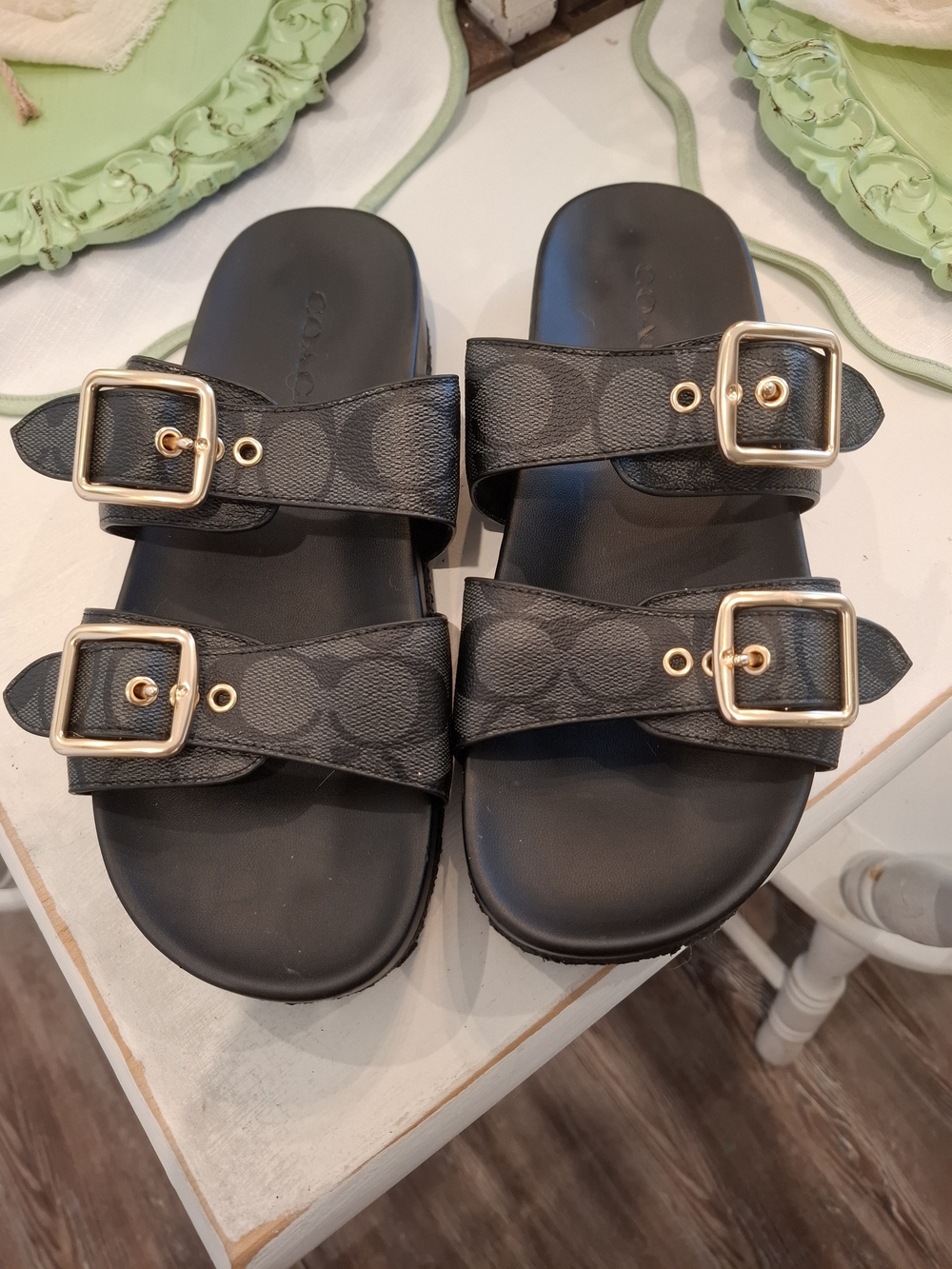Coach Black Logo-Print Double Buckle Slide Sandals